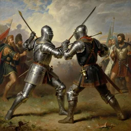 high - quality realist painting of an english crusader fighting a saracen by vasily surikov, very detailed, trending on art station, digital art.