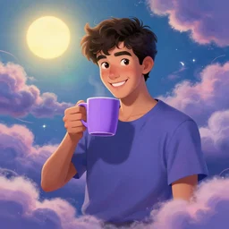 portrait of a ( ( ( una taza de cafe grande y morada ) ) ), ( ( guapo joven caliente espanol alegre ) ), lleno de nubes y magia, el sol, concept character, by greg rutowski and tezuka and oi and mucha and bierstadt and remington, trending on artstation