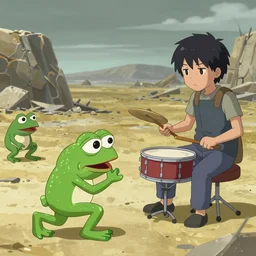 resolution 4k worlds of loss and depression narhate hallow Akihito Tsukushi design body pepe the frogs fighting in the civil war cool colors battle field drummer boy , desolated city ivory dream like storybooks , pepe the frogs in action against monster smiling demon , fractals , pepe the frogs at war , art in the style of and Oleg Vdovenko and Gustave dore and Akihito Tsukushi