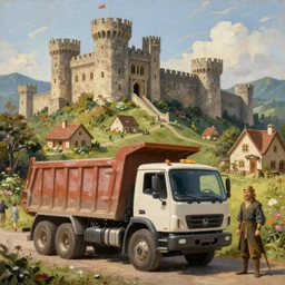 classic oil painting, a dump truck at king arthurs castle, populated castle center, as a dnd character, cottagecore, highly detailed, digital illustration, concept art, smooth, sharp focus, art by greg hildebrandt, and tim hildebrandt