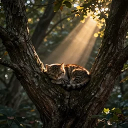 detailed inherent theme of cat napping in a tree deep in the forest, evening sunbeams, inherent style of artistic - powerful, artistic - natural, artistic - expressive'digital art