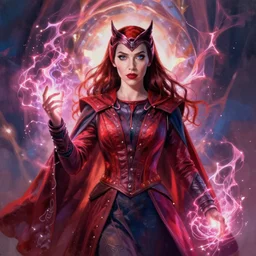 scarlet witch stands tall, crackling magic, DnD character art portrait, matte fantasy painting, DeviantArt Artstation, Character design, intricate artwork by Tooth Wu and greg rutkowski, cinematic, hyper realism, high detail, Vibrant colors, Smooth gradients, High contrast, depth of field