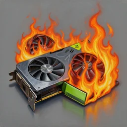 a painting by Wayne Thiebaud of an Nvidia GeForce RTX 3090 GPU that has caught on fire, GeForce RTX 3090 on fire,  cooling, high specs, ethereal!!!!!!!, by Wayne Thiebaud, neon gradient,  nvidia promotional image, GPU fire, GPU fire, GPU fire, GPU fire, GPU fire, GPU fire