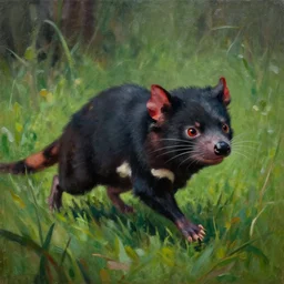 tasmanian devil, running in the grass, spooky, oil painting,