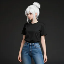 a girl sorcerer with white hair in a hairbun, blue jeans, and a black tshirt. hairstyle like messy bun by Andreas Rocha, guillaume tholly, Gthl.art, Makoto Shinkai, genshin impact, Breath of the wild, studio ghibli. Trending on ArtStation. award winning