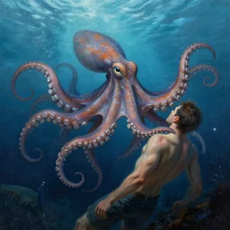 a dream fantasy painting of a octopus attack a man in the deep of the ocean, by beksinki, antonio j. manzanedopro greg rutkowski, carne griffith trending on artstation, deviantart, photorealism