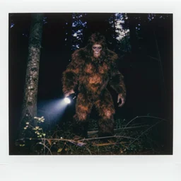 scary night!!! trail camera photograph of a bigfoot in the forest. obscurity. darkness!!!. flash light. motion blur. dim light. polaroid