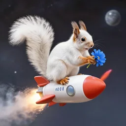photograph of a white squirrel riding a rocket in space with a blue flower in his hands