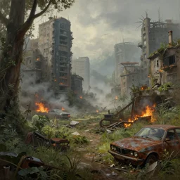 postapocalyptic city of munic!!!, wild forest!!! vegetation!!!, rubble!!, rusty bmw cars!!, hyperrealistic, highly detailed, cinematic, foggy light from fires, beautiful, cgssociety, artstation, 8 k, oil painting by greg rutkowski, by artgerm, by wlop