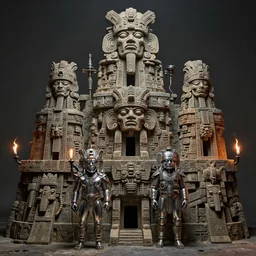airbrush of 4 character, tiered flayed stone mayan god machines, cluster tiered battles, medical chromed, dystopian, by wayne d barlowe, h r giger, simon bisley, boris vallejo, enric torres, hyper realism, narrative light, muted colors, epic, hyper detailed, awe inspiring, award winning horror, torch lighting, hyper realism, cinematical