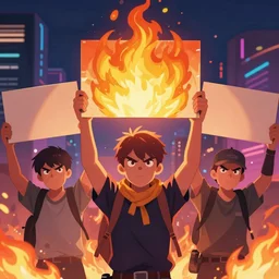 angry protesters holding placards, digital illustration by greg rutkowski, fire, android netrunner, nighttime, cyberpunk city background, colored lighting