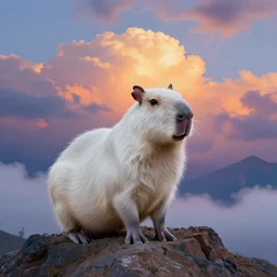 white capybara at the peak of himalayas, surreal photography, sunrise dramatic light, impressionist painting, colorful clouds, digital painting, artstation, kilian eng, john harris, bastien lecouffe - deharme, simon stalenhag, flower face