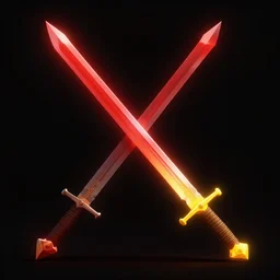 a black background, with a glowing red broadsword clashing with a yellow longsword, with a glowing green mace hanging down the middle of them