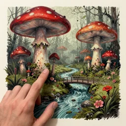 hand rendered ( ( ( ( ( 1 9 5 0 s retro future spooky swamp of giant mushrooms, moss and flowers, stream with bridge. muted colors. ) ) ) ) ) by jean baptiste monge!!!!!!!!!!!!!!!!!!!!!!!!! chrome red