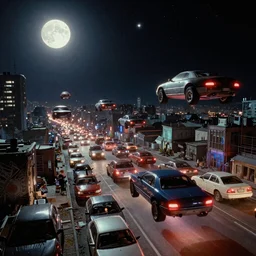 flying cars in a traffic jam in a Russian cyberpunk slum city called Neo Norilsk on the Moon, at night, lots of flying cars, diverse, lively, black sky full of stars, blinding sun, sci-fi, lots of flying cars, levitation, cyberpunk outfits, photorealistic, grainy, 35mm, intricate, very very beautiful, elegant, smooth, cinematic, Unreal Engine 5, by Beeple, trending on Artstation HD