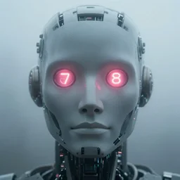 foggy photograph of robotic face with neon glowing eyes seed = 7 0 4 8 0 8 2 6 0