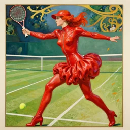copic maker art nouveau portrait of a russian girl playing tennis at high speed on a grass court wearing a futuristic red latex suit and a puffy skirt designed by balenciaga by john berkey norman rockwell