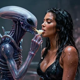 film still of kim kardashian being fed by an xenomorph slathered in a transparent alien liquid, wet flowing hair, gooey skin, illustration, unreal engine 5, 8 k, directed by h. r. giger.