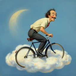 A whimsical painting of a happy man flying in the sky on his bicycle in the clouds, digital art by Ross Tran and Salvador Dali
