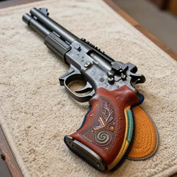 close up photo of a contemporary carpeted figure of a gun, anatomically correct, colourful, lots of detail, depth of field, intricate, delicate, by Jonas Jensen, Magnum photos