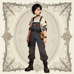 a full body portrait beautiful androgynous punk girl with short hair who is a mechanic wearing overalls with a utility bag, digital illustration, digital concept art, digital painting, ornate decorative background, trending on artstation