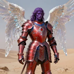 realism meets rococo style painting of full plate armor of crimson metal with azure blue lining and ruby studded worn by harsh amethyst colour skinned angel with glowing glass wings, magic, enchanted, intricate, crystal, background desert, dusty, soft light, 8 k, artstation trending, masterwork