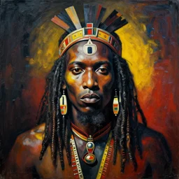 portrait of african tribal chief, symmetrical, dramatic lighting, colourful, art by zdzislaw beksinski,