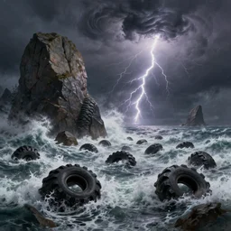 a fleet of ancient trojan tiremes, amidst crashing waves and huge looming rocks, in the style of aivazovsky, grim, lightning flashes, sky swirling with black wind, dramatic, realistic, detailed, ancient, artstation, artgerm, digital painting