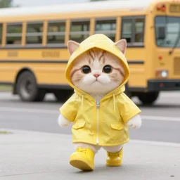 anthropomorphic cute kitten wearing a yellow raincoat and yellow boots walking to the school bus on the first day of kindergarten, with colorful fall leaves and light rain, wide shot