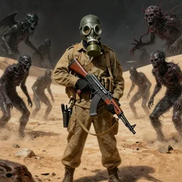 supernatural horror soldier wearing gasmask standing in desert, holding ak - 4 7 rifle, surrounded by dark creatures, dirt road, pulp cosmic horror book cover character art. h. p. lovecraft, artwork by greg hildebrandt, greg rutkowski