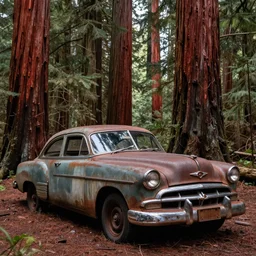 Photograph of an abandoned rusty 1950's Buick in an old redwood forest, massive trees, overgrown with vegetation, sun shining through the trees, backlit, crepuscular rays, muted colors, 8k, DoF