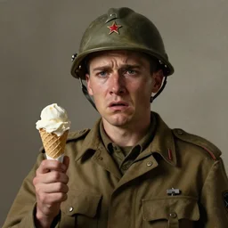 portrait of an upset frightened soldier with an ice cream cone in his hand by emile friant