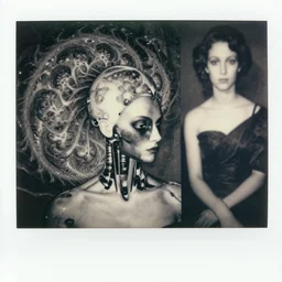 a black and white photo of cybernetic androgyny, mandelbrot, in the style of egon schiele, m c escher, jenny saville, surreal, film photography, soft lighting, fashion photography, polaroid photography