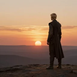a young blonde male jedi with short hair standing still looking at the sunset, over the shoulder shot, ots shot, third-person shot, full-length, head-to-toe, full body photography, extremely long shot, long shot, concept art by Doug Chiang cinematic, realistic painting, high definition, concept art, the Mandalorian concept art style