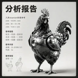 a chicken in a cybertech battle suit, analysis report, artstation character reference sheet, black and white old photograph
