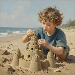 young curly boy building a brutalist sand castle. gouache fairytale art, russian romanticism, muted palette, backlighting, depth of field