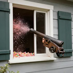 shooting candy through a house window with a canon, realistic