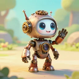 a tiny cute steampunk robot with cogs screws big eyes smiling waving, back view, isometric 3 d, ultra hd, character design by mark ryden pixar hayao miyazaki, unreal 5, daz, hyperrealistic, octane render, cosplay, rpg portrait, dynamic lighting, intricate detail, summer vibrancy, cinematic, centered