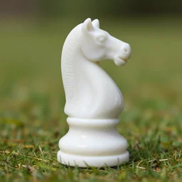 white marble statue of a chess piece knight in a field, 3 5 mm, photography