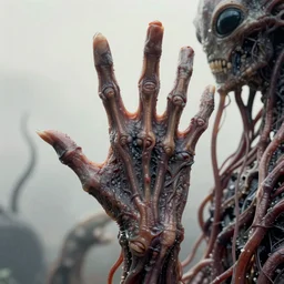 ultra - detailed epic analog photo of varicose mucus - covered slimy pulsating alien hands with long fingers masterpiece epic by bernie wrightson