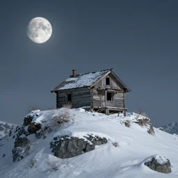 an abandoned cabin on the top of a snowy mountain, new moon, greg rutkowski, 8 k, shallow depth of field, intricate detail, concept art,