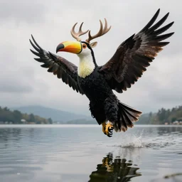 toucan with deer horns and eagle wings black dress flying above a lake with clouds reflection