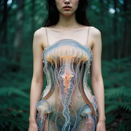 a closeup portrait of a woman wearing a dress made of jelly fish and eels, standing in a forest, color photograph, by vincent desiderio, canon eos c 3 0 0, ƒ 1. 8, 3 5 mm, 8 k, medium - format print
