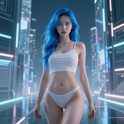 A beautiful sexy Asian female with blue hair and glowing eyes wanders, hyperrealistic, cyber universe, glass buildings, volumetric lightning, reflections, octane render 8K