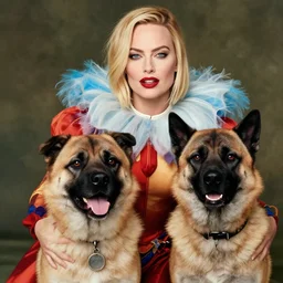 annie leibovitz photoshoot of margot robbie as harlequin with her pet hyena, soft focus, hyperreal - s 5 0