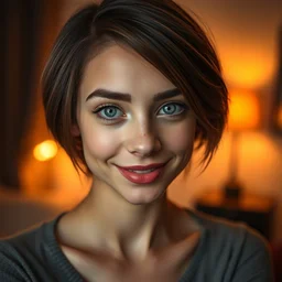 high detail, macro portrait photo, a lovely swiss girl with short brown hair and clear blue eyes and symmetrical proportional features, smiles at the camera, dynamic pose, set in a dimly lit apartment at golden hour, shot using a zeiss supreme prime lens