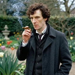 sherlock holmes posing for a portrait, garden, smoking cigar, by henri matisse