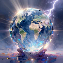 an acrylic pour illustration of an intricate and faceted crystal ball with a world inside of it + impasto + dissolving in to light + prism + god rays + dramatic lightning + backlit + specular + caustics