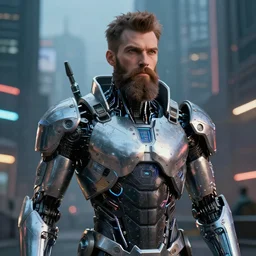Cyborg bearded man with metamaterial armor, cyberpunk city background, photorealism
