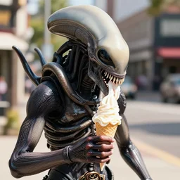 xenomorph eating ice cream on a hot sunny day, photography